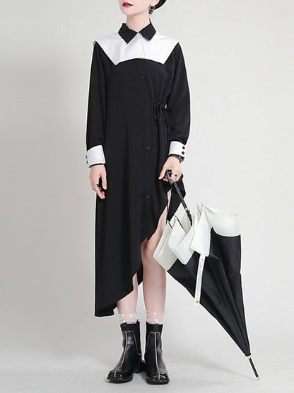 Original Irregular Split-Joint Buttoned Tied Lapel Collar Long Sleeves Midi Dress