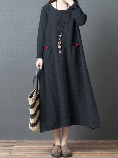 Red&Black Loose Round-neck Ramie Cotton Linen Dress