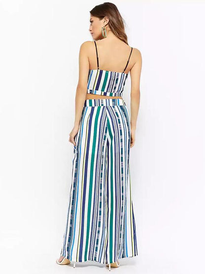 Stripe Spaghetti-neck Crisscross Tops And Wide Leg Pants Suits