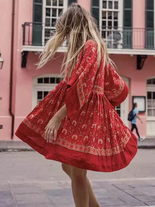 Retro Round Neck Floral Loose Mini Dress