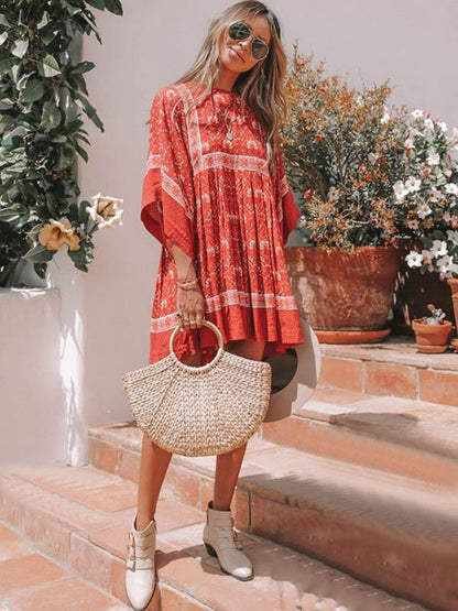 Retro Round Neck Floral Loose Mini Dress