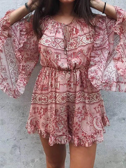 Printed Chiffon Flare Sleeves Jumpsuits