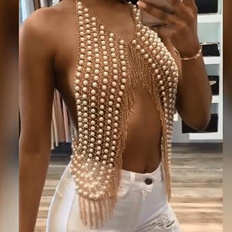 Sexy exaggerated pearl tassel chest chain