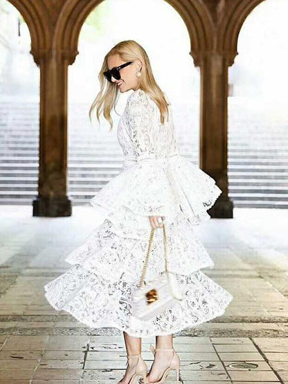 Lace Flared Sleeves Tiered Falbala Midi Dress