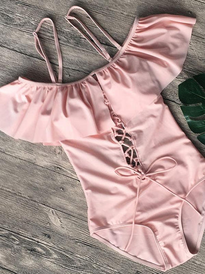 Off-the-shoulder Lace-up One-piece Swimwear