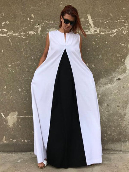 White&Black Split-joint Sleeveless Linen Long Dress