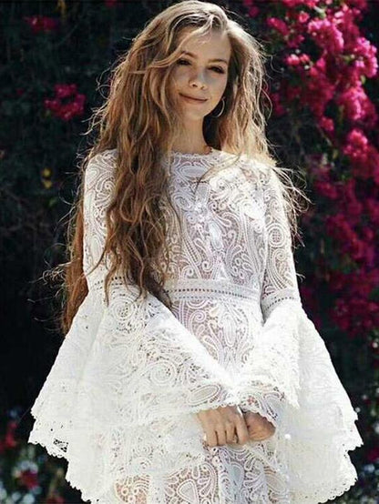 Lace Flared Sleeves Tiered Falbala Midi Dress