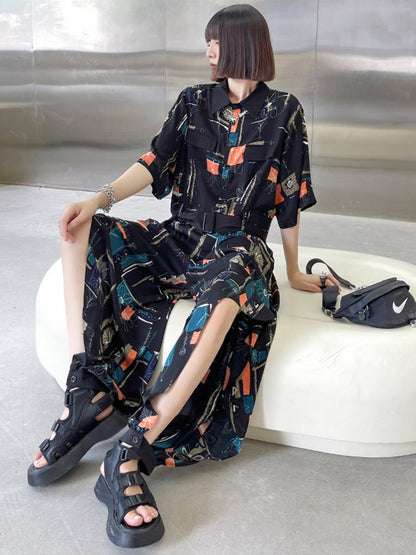Stylish Printed Belted Split-Side Lapel Short Sleeves Jumpsuits