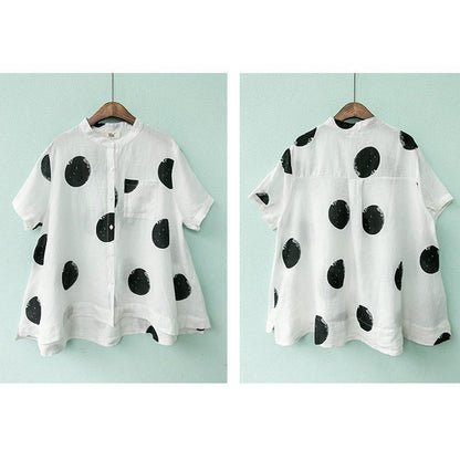 Dot Cotton Linen Short Sleeve Blouse M-3XL