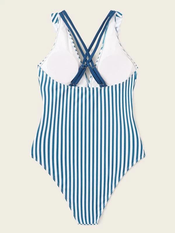Striped Print Falbala Backless One-Piece Swimwear