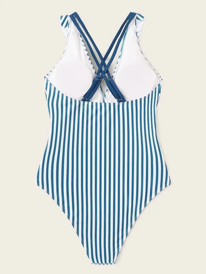Striped Print Falbala Backless One-Piece Swimwear