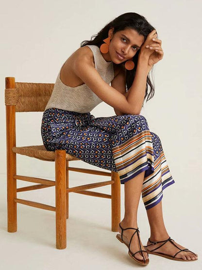 Navy Blue Floral Wide Leg Casual Pants