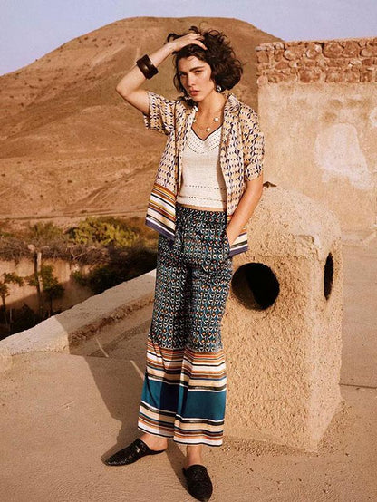 Navy Blue Floral Wide Leg Casual Pants