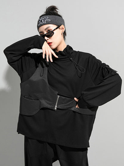 Autumn Loose Drawstring High-Neck False Two T-Shirt
