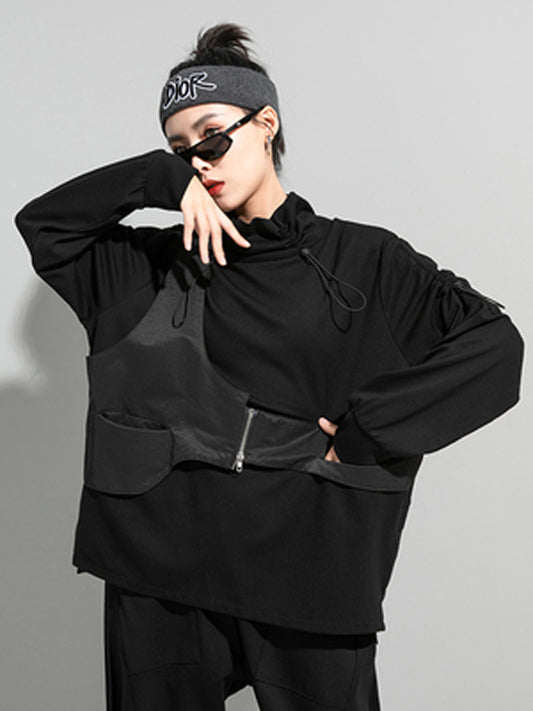 Autumn Loose Drawstring High-Neck False Two T-Shirt