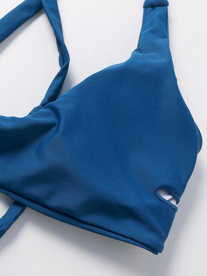Dull Solid Blue Bikinis Swimwear