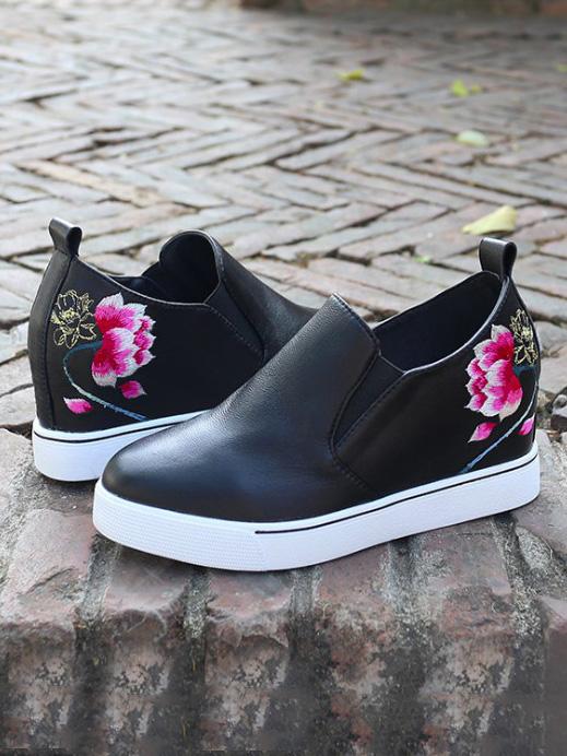 Lotus Floral Embroidered Leather Loafers