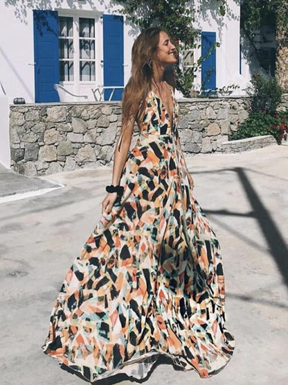 Spaghetti Sexy Backless Floral Maxi Dress