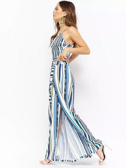 Stripe Spaghetti-neck Crisscross Tops And Wide Leg Pants Suits