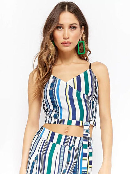 Stripe Spaghetti-neck Crisscross Tops And Wide Leg Pants Suits