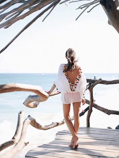 Pompoms Bandage Half Sleeves Mini Dress