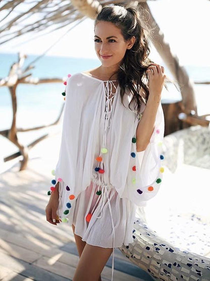 Pompoms Bandage Half Sleeves Mini Dress