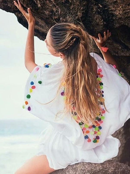 Pompoms Bandage Half Sleeves Mini Dress