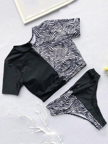 Contrast Snakeskin Printing Semi Tankini Swimsuit
