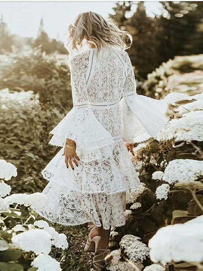 Lace Flared Sleeves Tiered Falbala Midi Dress