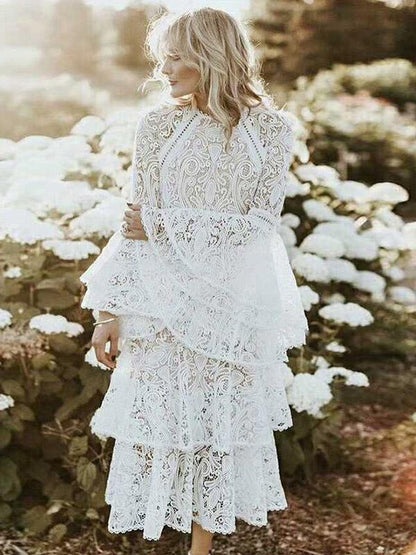 Lace Flared Sleeves Tiered Falbala Midi Dress