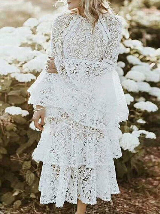Lace Flared Sleeves Tiered Falbala Midi Dress