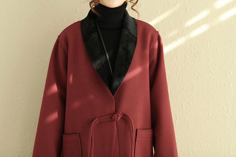 Casual Polo Collar Long Sleeve Red Women Woolen Coat