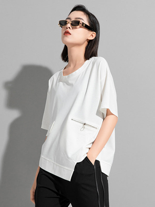 Fashion Asymmetric Irregular Clipping Split-Side Round-Neck T-Shirt