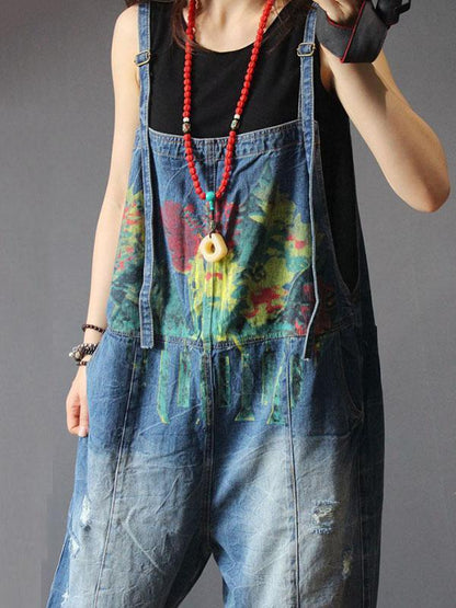 Denim Floral Print Long Jeans Jumpsuit