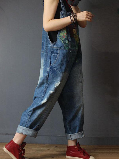 Denim Floral Print Long Jeans Jumpsuit