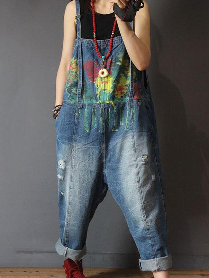 Denim Floral Print Long Jeans Jumpsuit