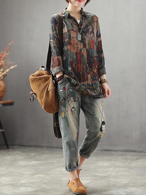High-low Vintage Loose Printed Blouse Top