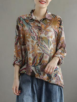 Artistic Retro Floral Lapel Shirt Blouse Tops