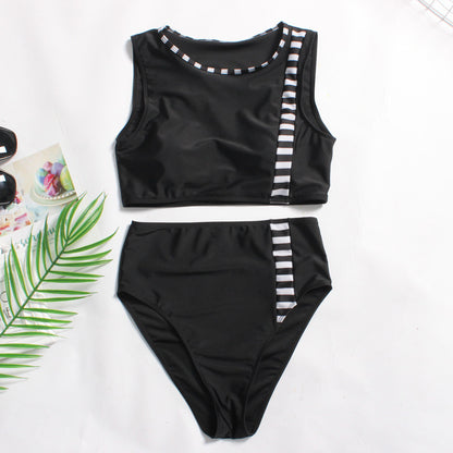 big size fat woman black and white flat color high waist BIKINI SWIMSUIT