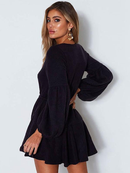 Deep V-neck Bandage Puff Sleeves Mini Dress