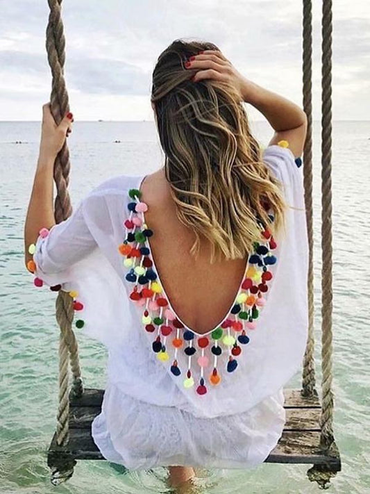 Pompoms Bandage Half Sleeves Mini Dress