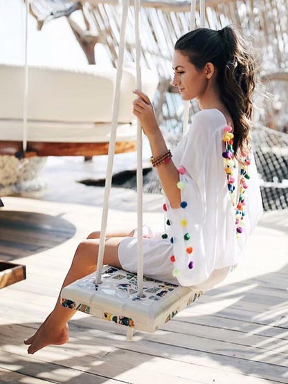 Pompoms Bandage Half Sleeves Mini Dress