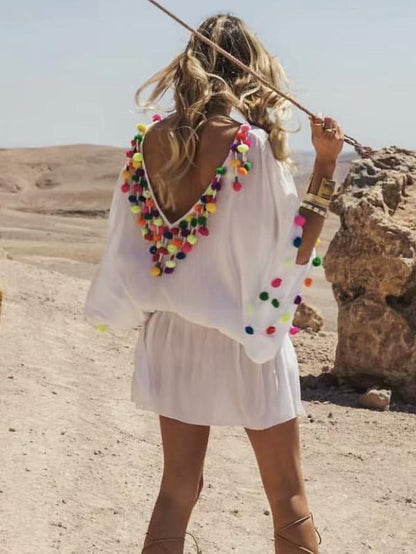Pompoms Bandage Half Sleeves Mini Dress
