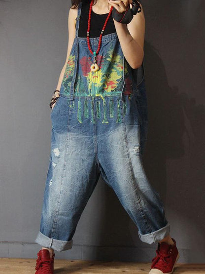 Denim Floral Print Long Jeans Jumpsuit