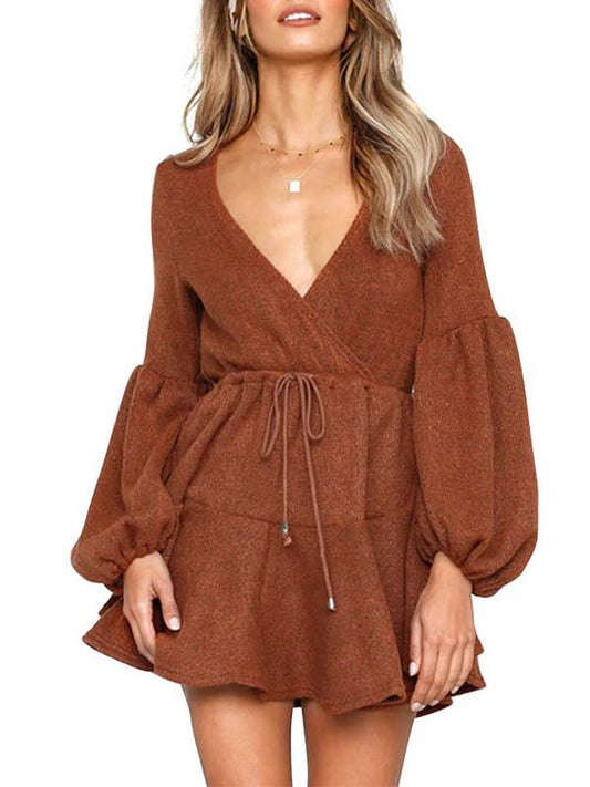 Deep V-neck Bandage Puff Sleeves Mini Dress