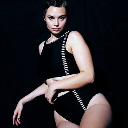 big size fat woman black and white flat color high waist BIKINI SWIMSUIT