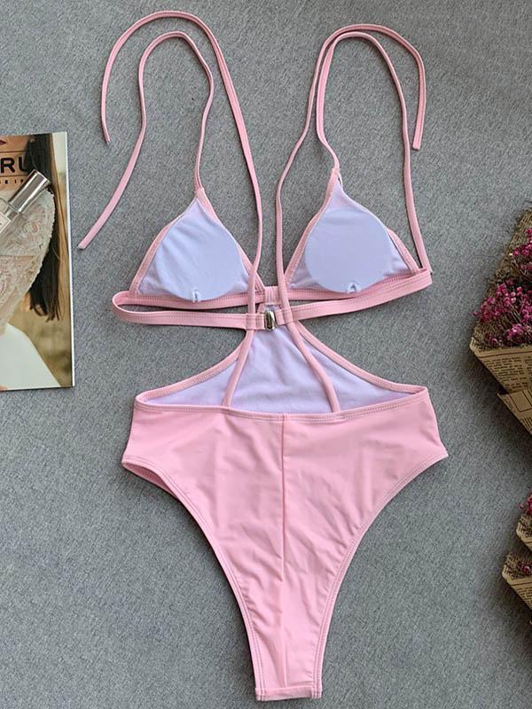 Solid Color Hollow Bandage Bikini Swimsuit