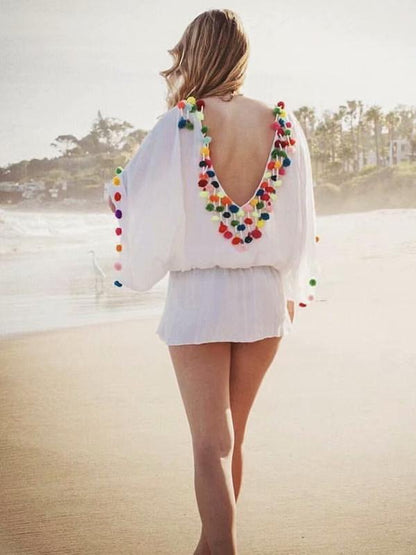 Pompoms Bandage Half Sleeves Mini Dress