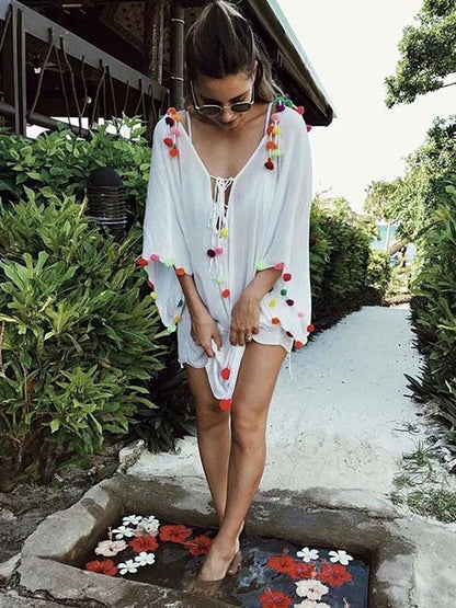 Pompoms Bandage Half Sleeves Mini Dress