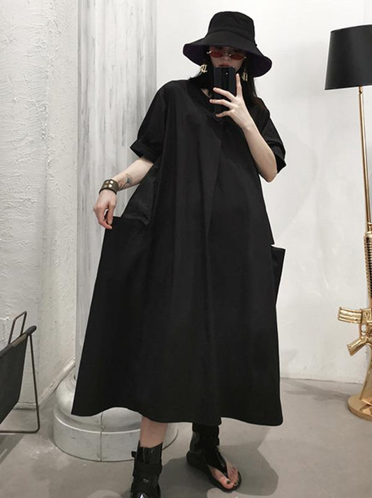 Vintage Loose Oversize V-neck Solid Dress